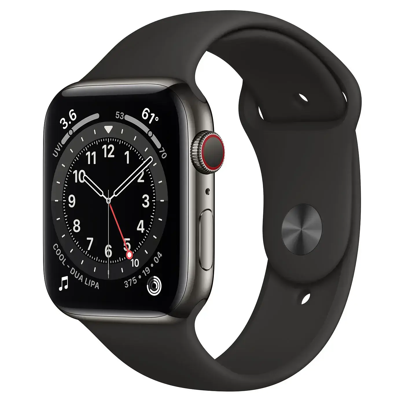 Apple Watch Series 6 GPS + Cellular 44mm Graphite Stainless Steel Case with Black Sport Band (M07Q3, M09H3)